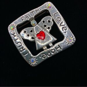 PREMIERE DESIGNS Silver Angel Square Red Heart Pin Brooch
